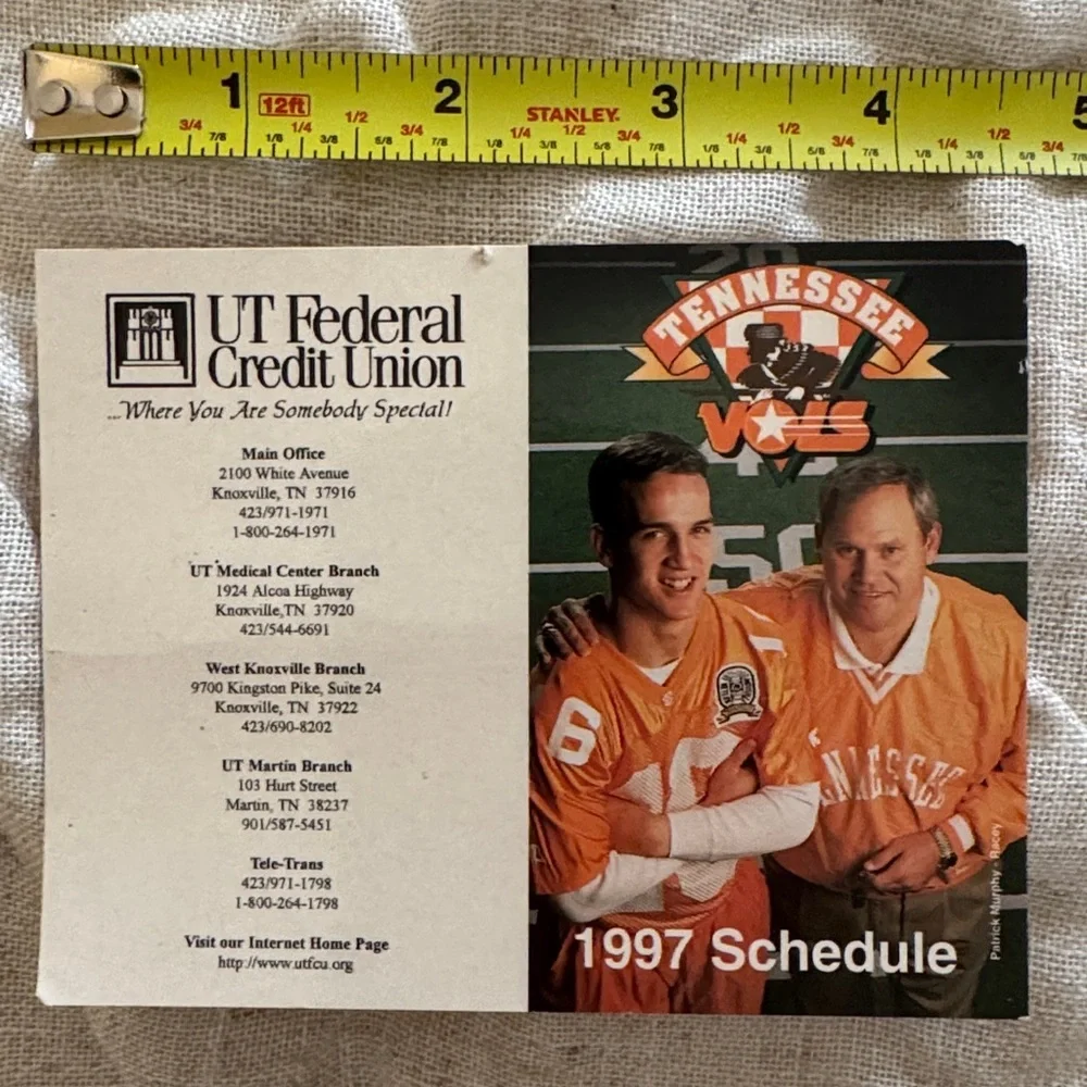Tennessee Volunteers 1997 Schedule Card Peyton Manning and coach Phillip Fulmer